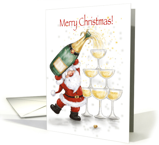 Merry Christmas Cute Santa Pouring Champagne into Glasses card