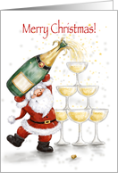 Merry Christmas Cute Santa Pouring Champagne into Glasses card