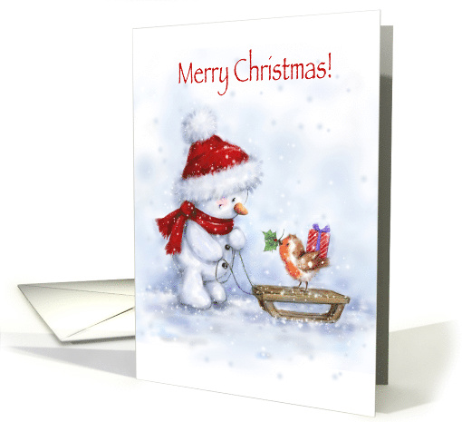 Merry Christmas for friend, cute snowman looking at robin on sled card
