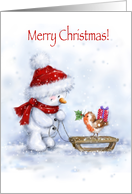 Merry Christmas, cute snowman looking at robin with present on sled card
