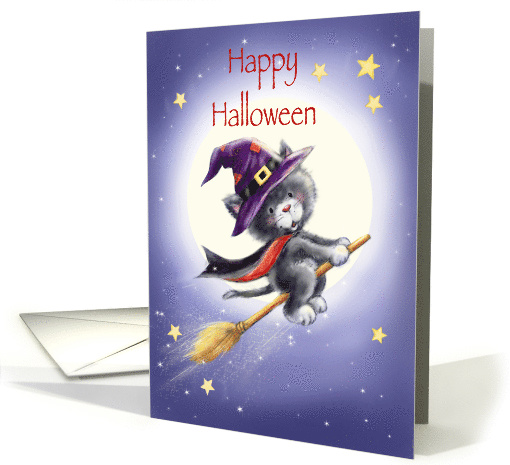 Happy Halloween, cute black cat flying on broom with witch's hat card