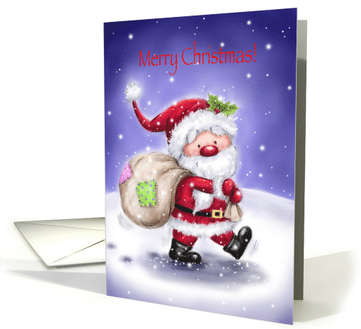 Merry Christmas, cute smiling Santa carrying sac in snowy land. card