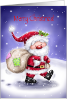 Merry Christmas, cute smiling Santa carrying sac in snowy land. card