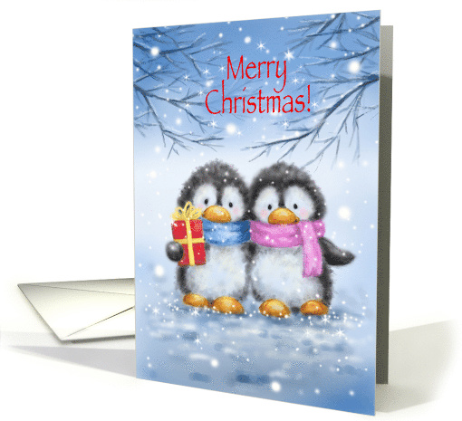 Merry Christmas, cute penguin couple with present in snow card