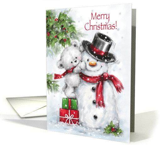 Merry Christmas, cute polar bear fixing a hat to smiling snowman card