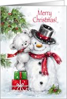 Merry Christmas, cute polar bear fixing a hat to smiling snowman card