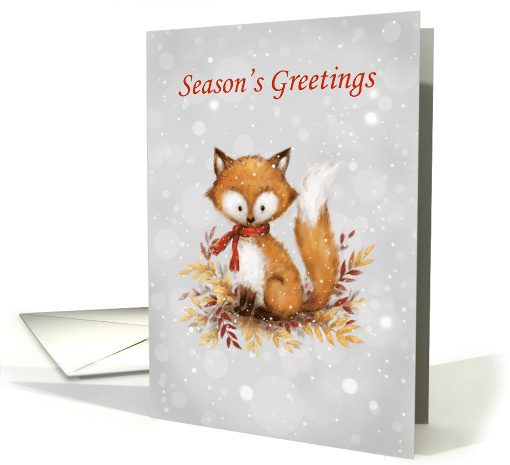 Season's Greetings, Cute Fox with Red Scarf with Autumn Leaves card