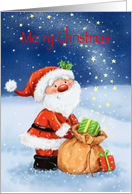 Merry Christmas, Cute Santa with Big Sack with Presents and Stars card