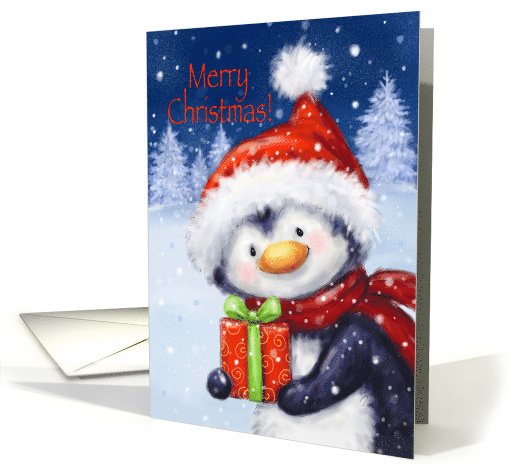 Merry Christmas, Cute Penguin with Santa's Hat holding Present card