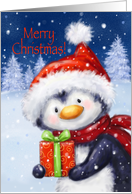 Merry Christmas, Cute Penguin with Santa’s Hat holding Present card