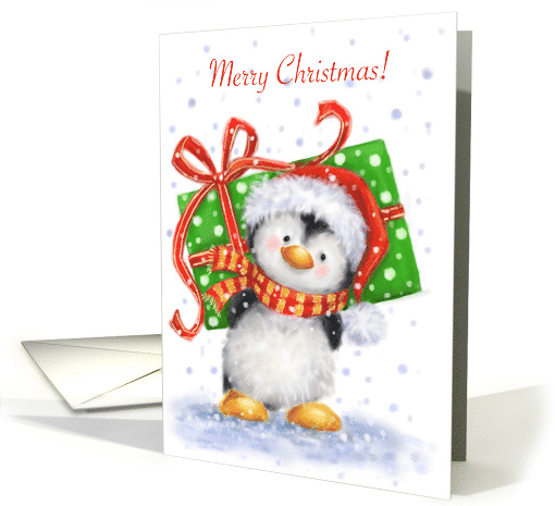 Merry Christmas, Cute Penguin Holding a Huge Present on his Back card