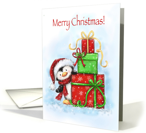 Merry Christmas, Cute Penguin with Stacked Presents card (1542376)