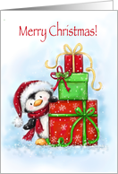 Merry Christmas, Cute Penguin with Stacked Presents card
