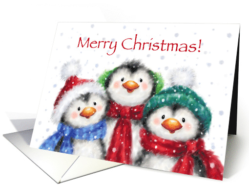 Merry Christmas, Three Cute Penguins with Colorful Hats... (1542378)