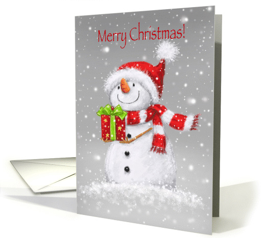 Merry Christmas, Cute Snowman with Santa's Hat and Present card