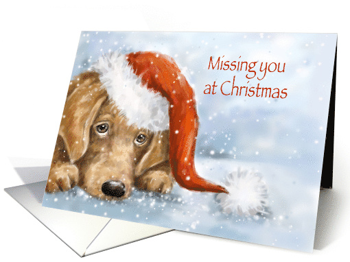 Missing You at Christmas, Cute sad eyes dog with Santa's hat card