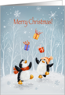 Merry Christmas, Cute Penguins Dancing and tossing Presents in Wood card