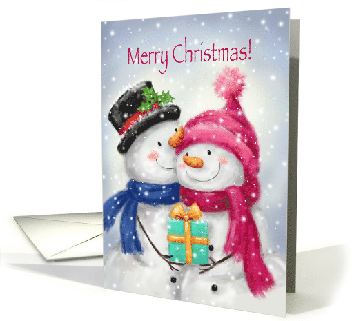 Merry Christmas, Cute Snowman Couple Cuddling with Present card