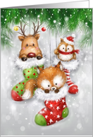 Happy Christmas, Reindeer Owl a and Fox Hang in Three Santa’s Socks card