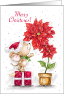 Merry Christmas to Friend, Cute Mouse Greeting to Poinsettia card