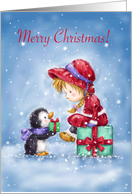 Merry Christmas to friend, Cute penguin offering present to girl card