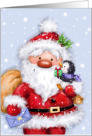 Season’s Greetings, Santa and Cute Penguin Holding Present and Letter card