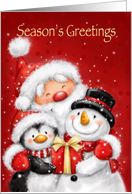 Season’s Greeting, Santa, Penguin and Snowman with Smile and Present card
