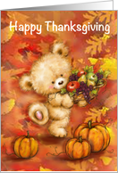 Happy Thanksgiving, Bear with lots of Fruits and Pumpkins in Autumn card