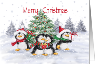 Merry Christmas Happy Penguins Gathering around Christmas Tree card