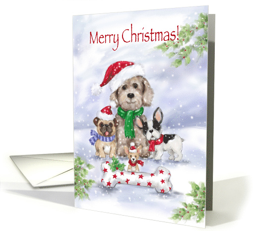 Merry Christmas, Dogs Wearing Santa's hat with Huge Bone card
