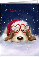 Missing You at Christmas, Dogs Wearing Santa’s Hat and heart glasses card