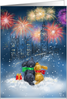 Happy New year, Dogs Looking Up Firework in Snowy London card