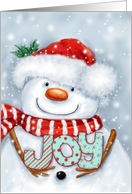 JOY for Christmas time, Cute Snowman with Santa’s hat in Snow card