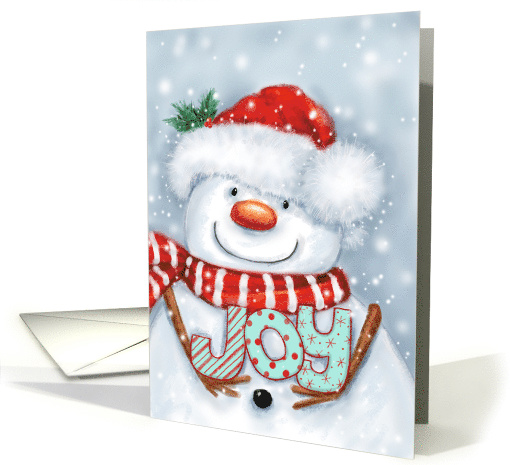 JOY for Christmas time, Cute Snowman with Santa's hat in Snow card