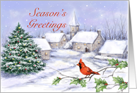 Season’s Greetings, Snowy Village with Christmas Tree and Cardinal card