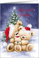 Baby’s first Christmas, Two Bears Holding Baby in Snow land with Tree card