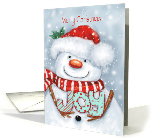 Merry Christmas, Cute Snowman Holding letter JOY with Big Smile card