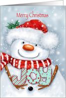 Merry Christmas, Cute Snowman Holding letter JOY with Big Smile card