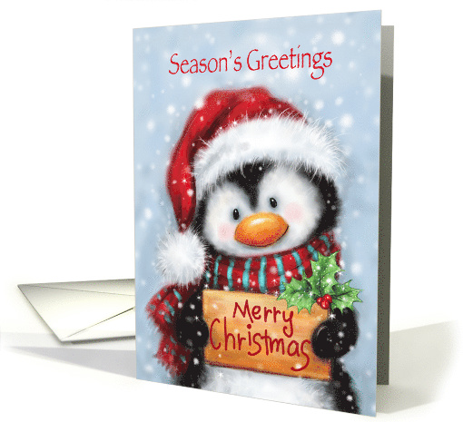Season's Greetings, Cute Penguin Holding Wooden Placard Christmas card