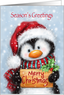 Season’s Greetings, Cute Penguin Holding Wooden Placard Christmas card