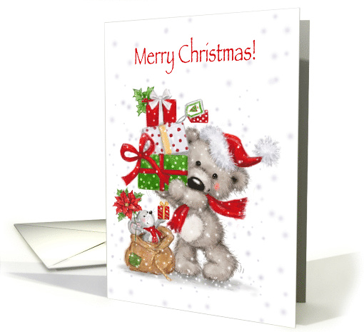 Merry Christmas, Cute Bear Holding Presents with Mouse Popping Up card