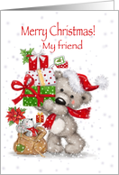 Merry Christmas Friend, Cute Bear Holding Presents with Mouse card