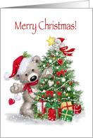 Merry Christmas, Cute Bear and mouse with decorated tree and presents card
