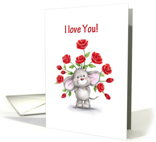 Happy Valentine's Day, Cute Mouse Holding Red Roses Behind Him. card