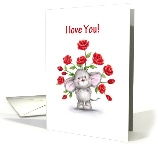 Happy Valentine's Day, Cute Mouse Holding Red Roses Behind Him. card