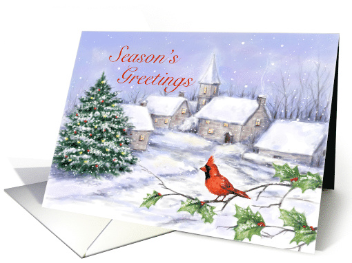 Snow Village Scene with Cardinal Bird on Holly card (1552990)