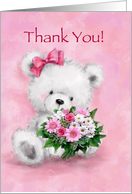 Thank You For Your Kindness, White Bear Holding Bunch of Pink Flowers card