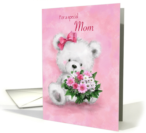 Birthday for MOM , White Bear Holding Bunch of Pink Flowers card