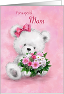 Birthday for MOM , White Bear Holding Bunch of Pink Flowers card