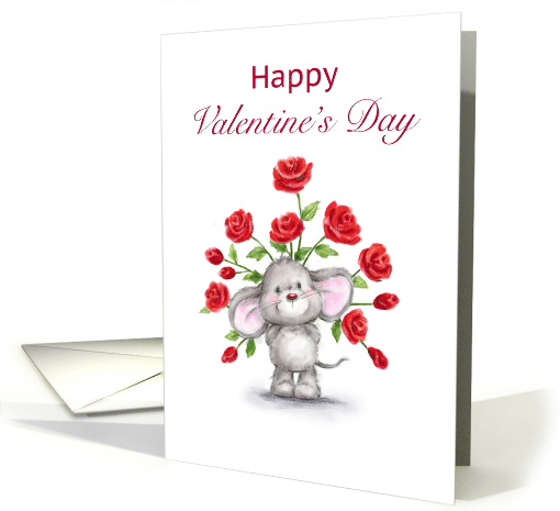 Happy Valentine's Day, Cute Mouse Holding Red Roses Behind Him card